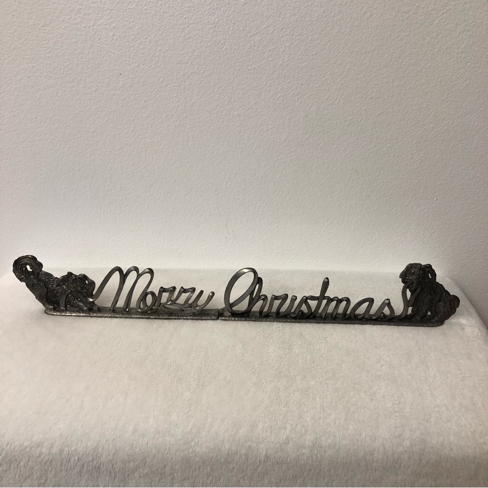 Vintage Metzke Pewter Merry Christmas Sign Dogs Pulling Ribbon Mantle Decoration